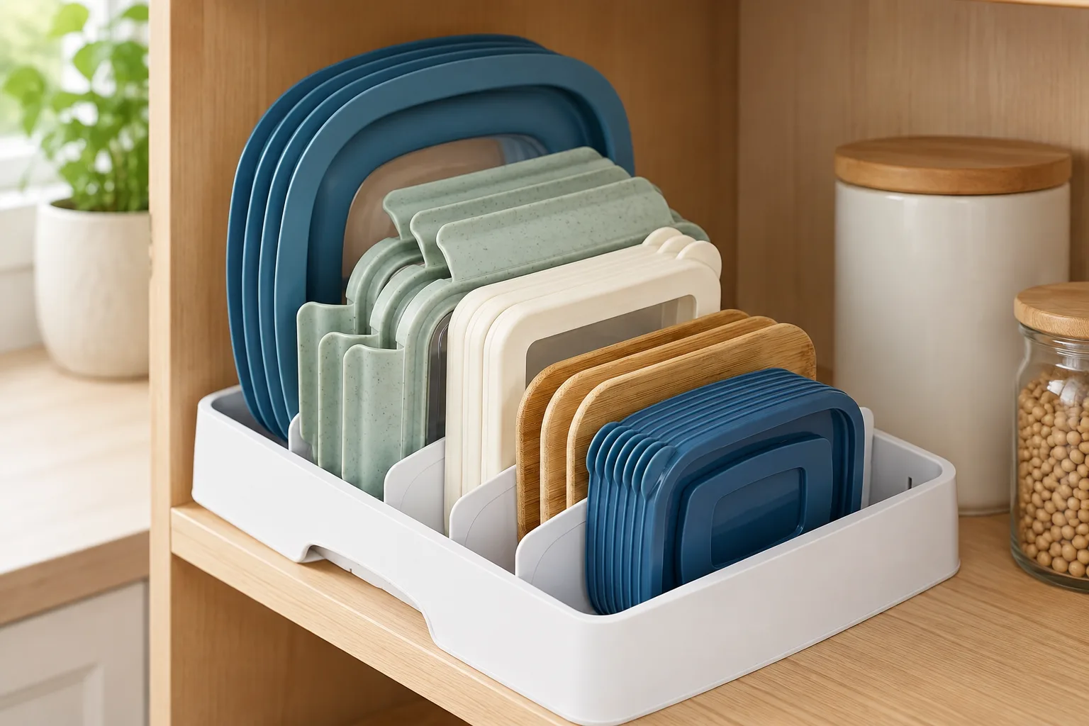 Food-storage lids filed upright in a white organizer