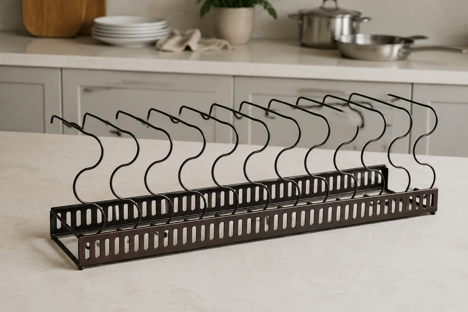 Empty expandable brown rack with ten dividers