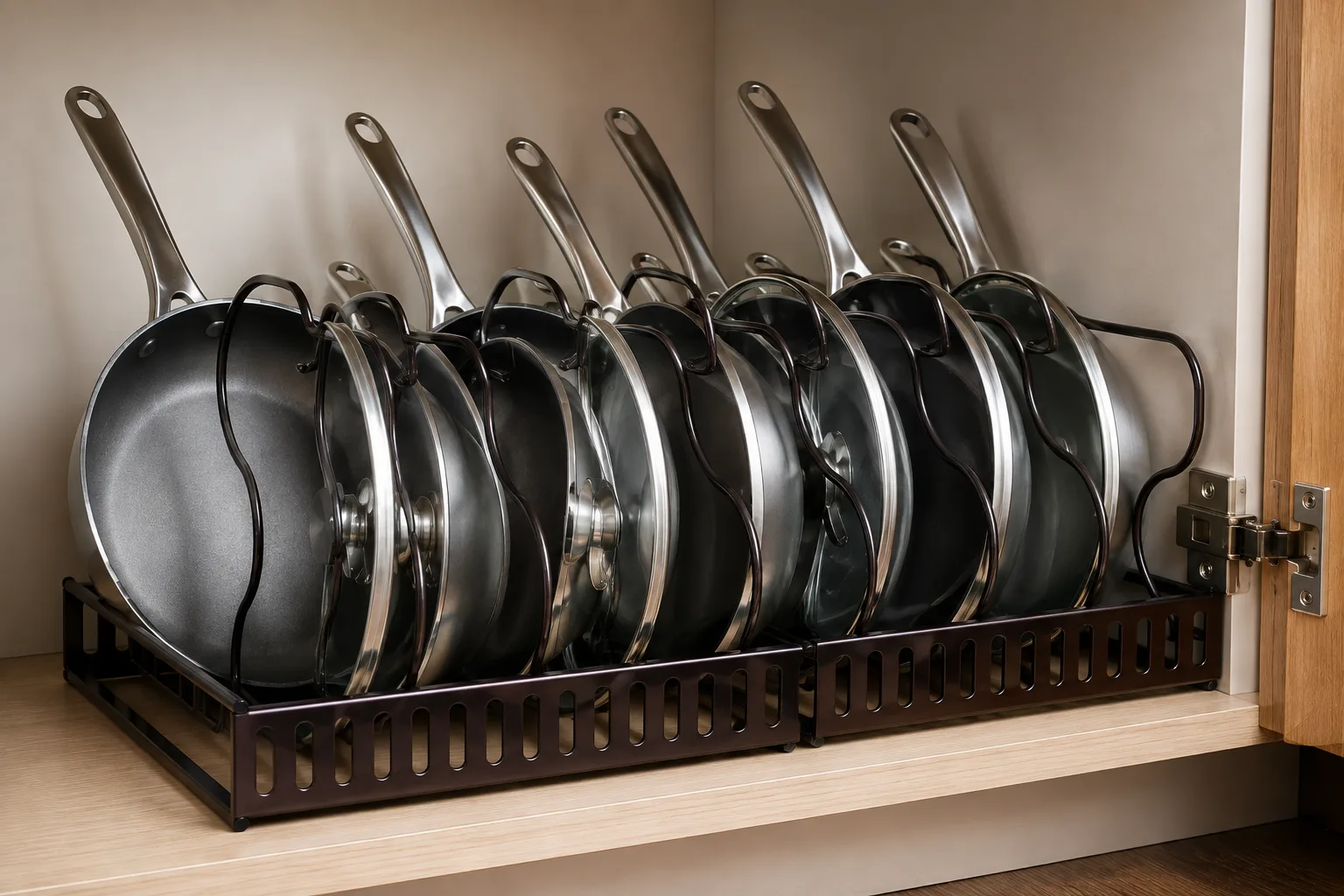 Pans and lids stored upright in the expanded rack