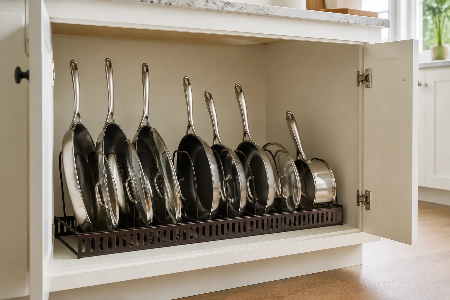 Expandable iron pots and pans rack with upright dividers