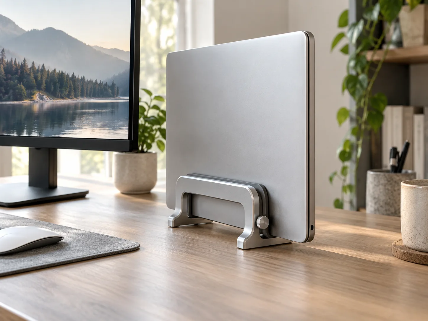 Aluminum vertical laptop dock holding a closed notebook beside a monitor