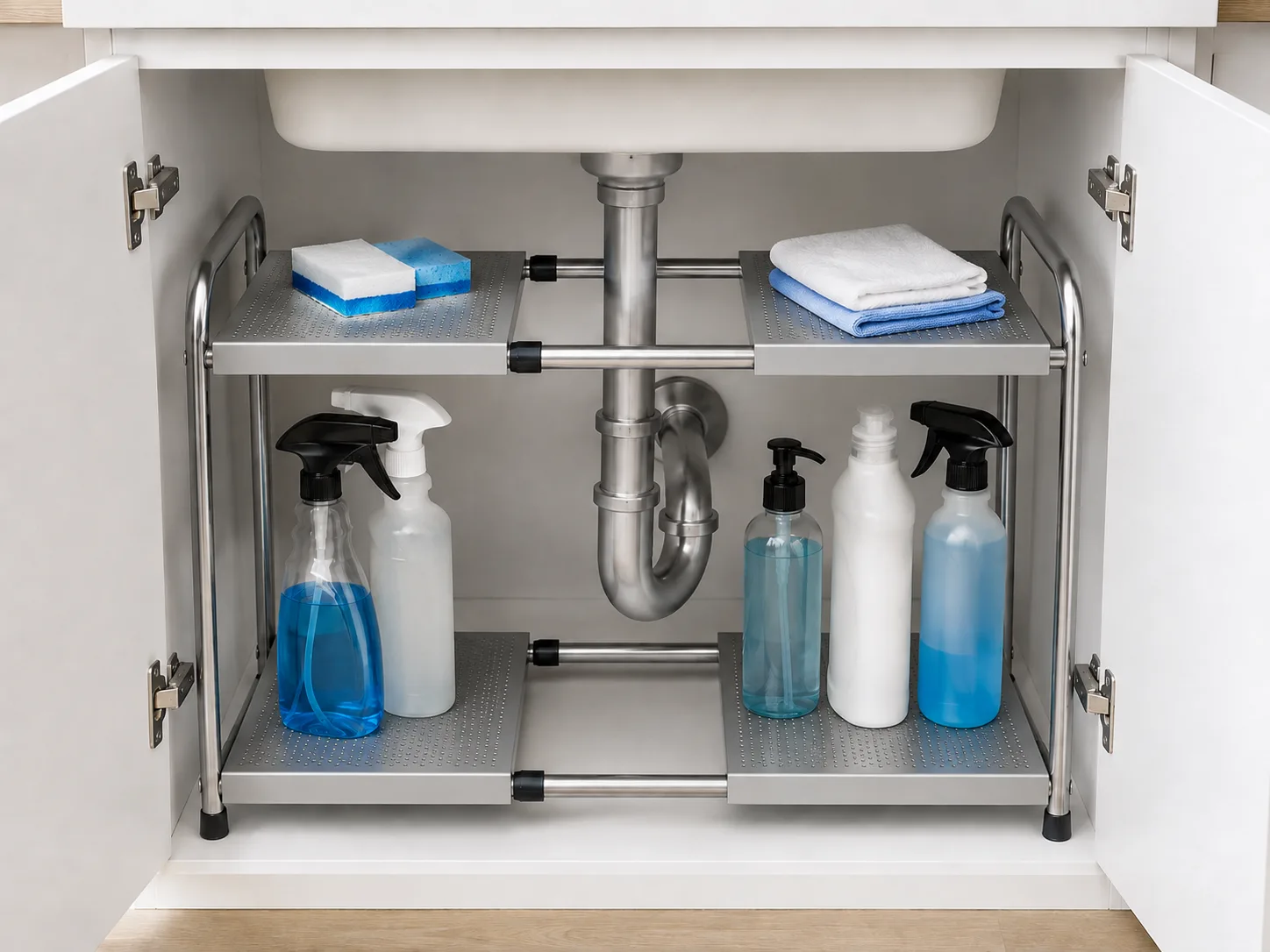 Silver shelf organizing plain cleaning bottles under a sink