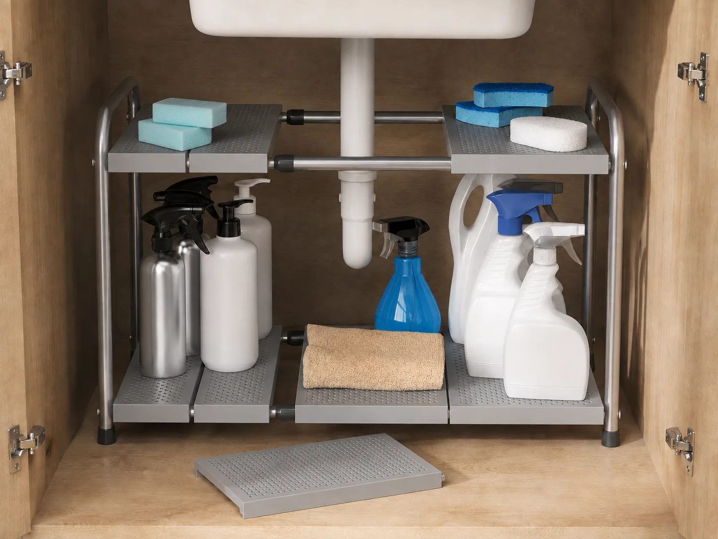 Alternate angle of expandable under-sink shelf fit