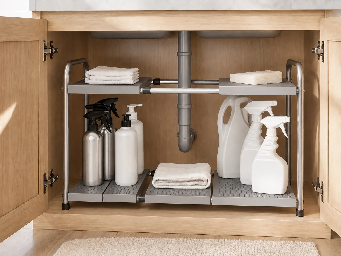 Alternate close view of under-sink organizer storage