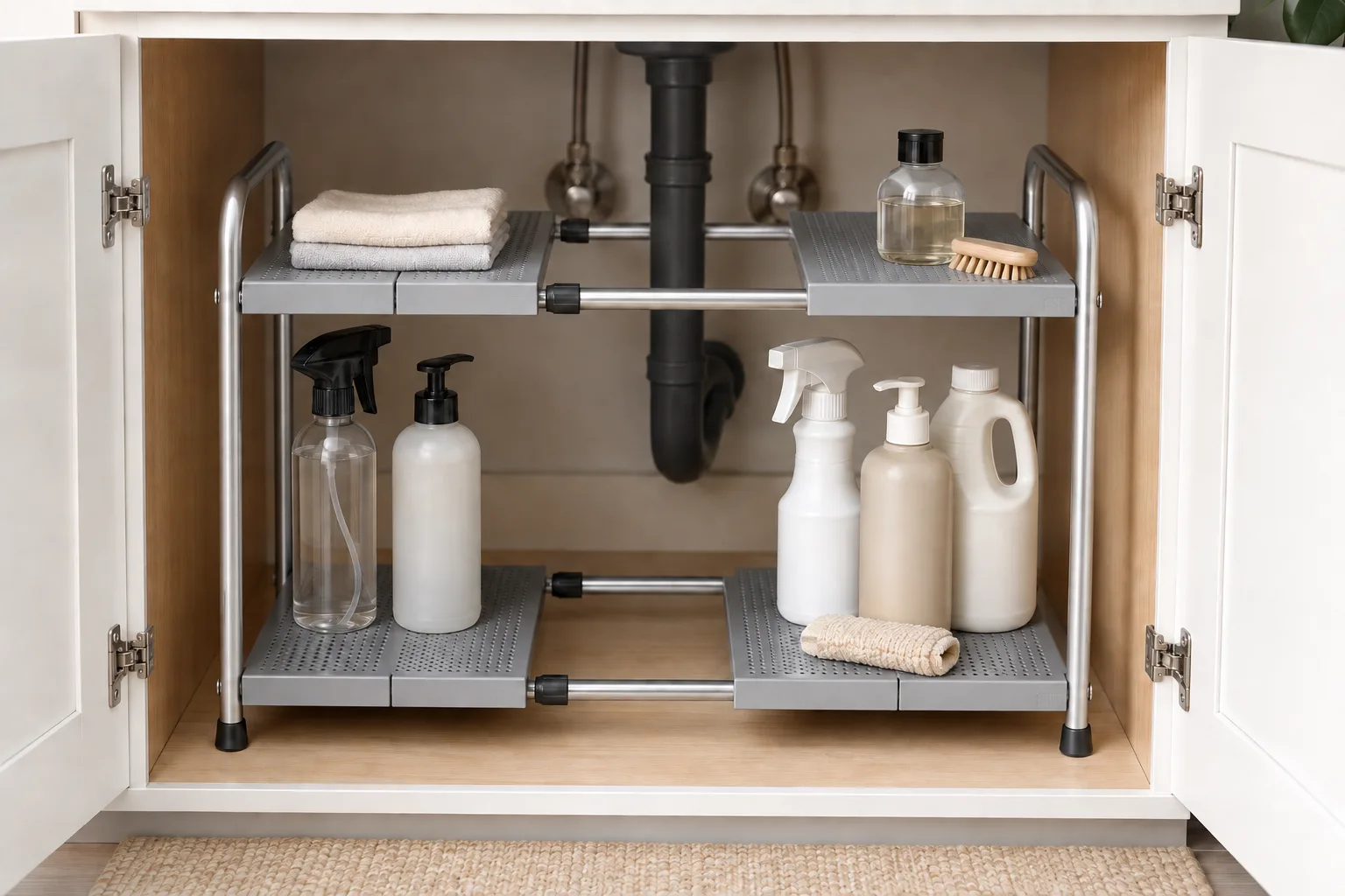 Silver expandable shelf arranged under a kitchen sink