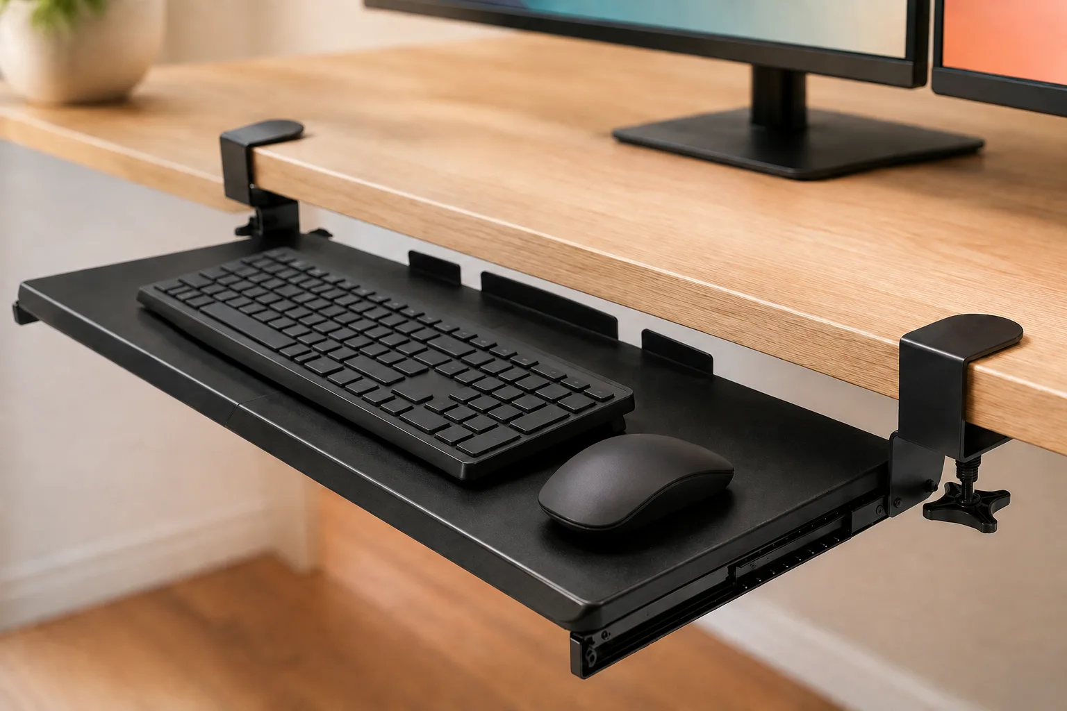 Blank keyboard and mouse on the tray surface