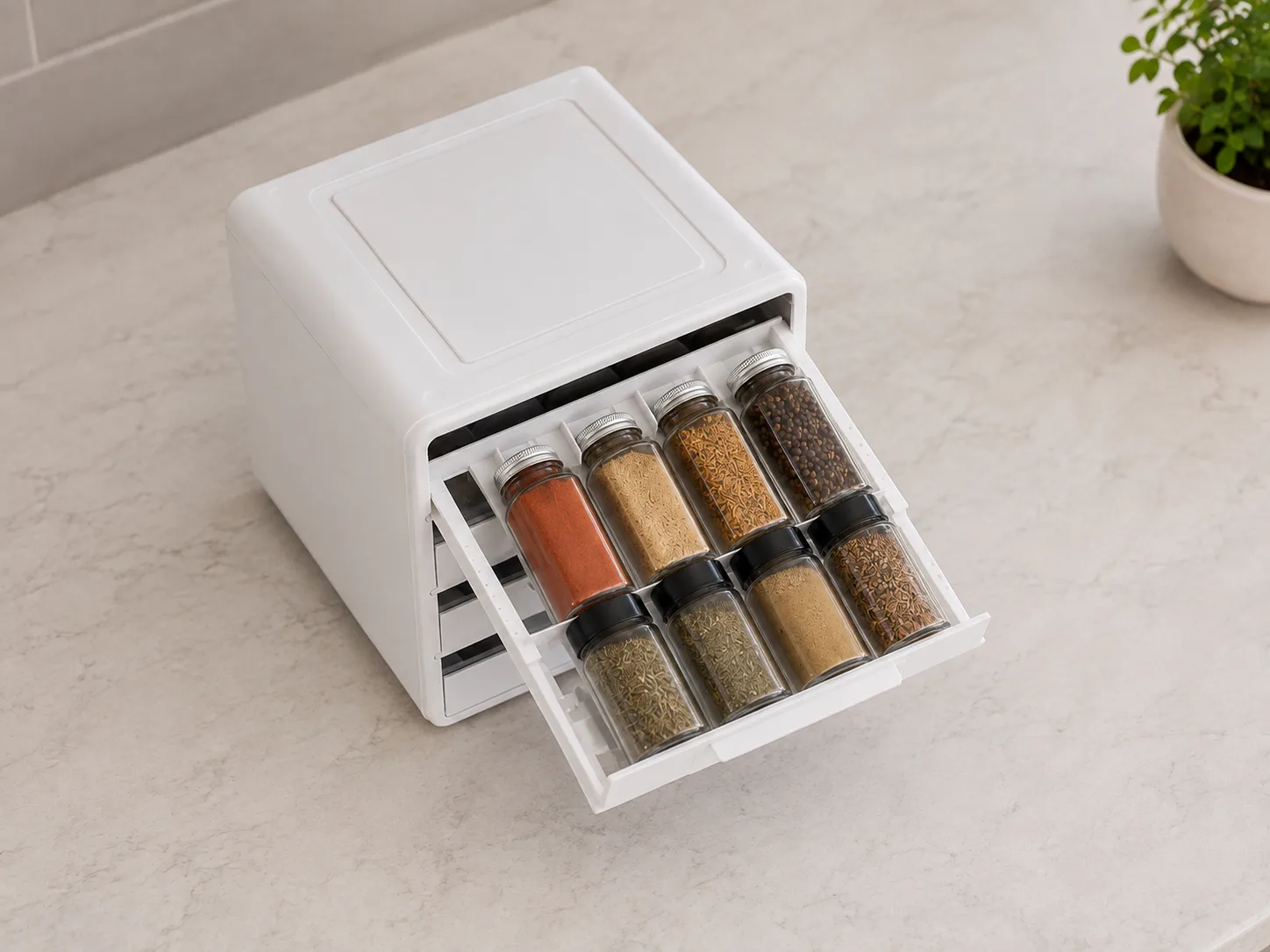High-angle view of the spice organizer with one drawer extended