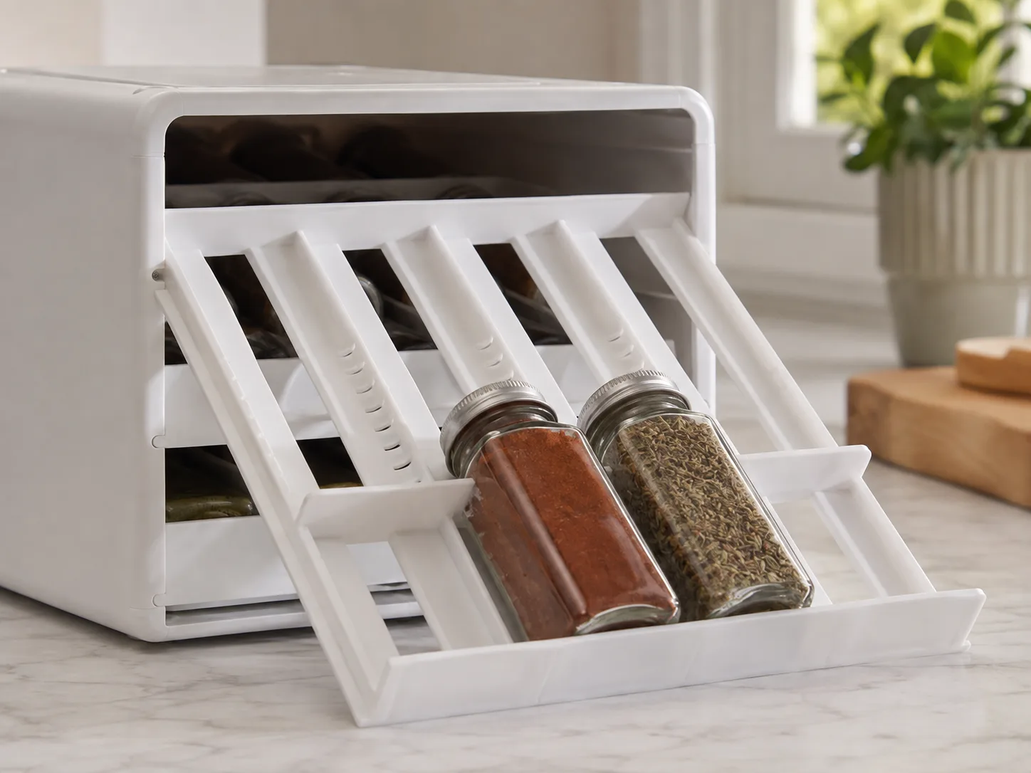 Close-up of plain spice jars and drawer dividers