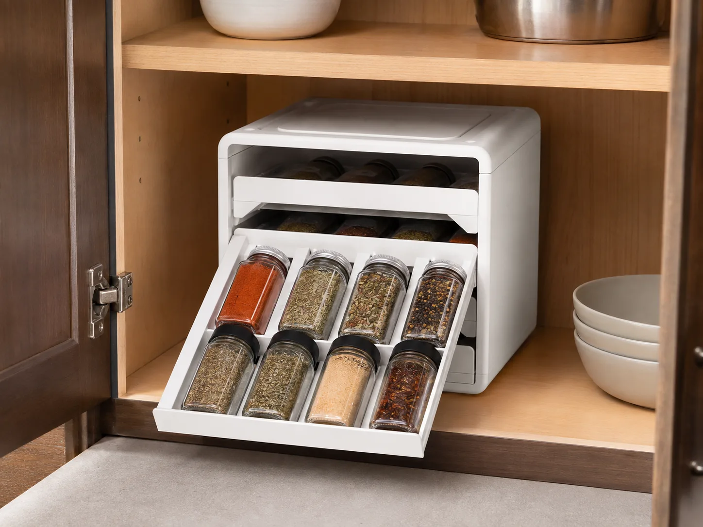 SpiceStack installed inside a kitchen cabinet