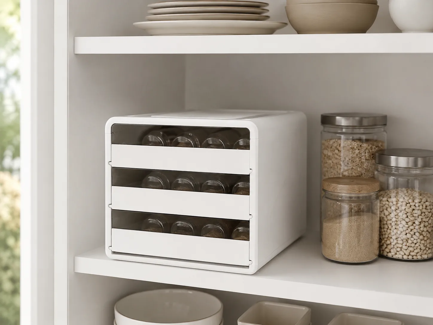 Alternate close view of spice bottles in drawers