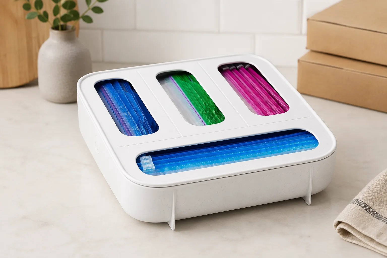 White four-slot food bag dispenser in a full three-quarter view