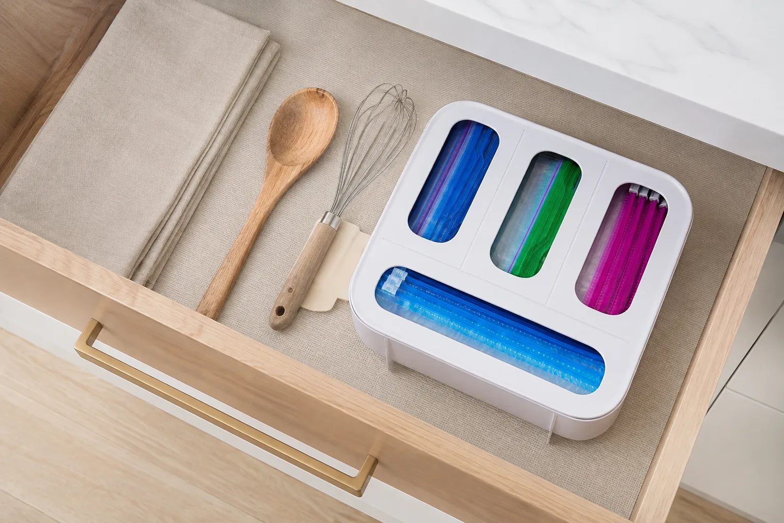 Four-slot food bag dispenser installed in a kitchen drawer