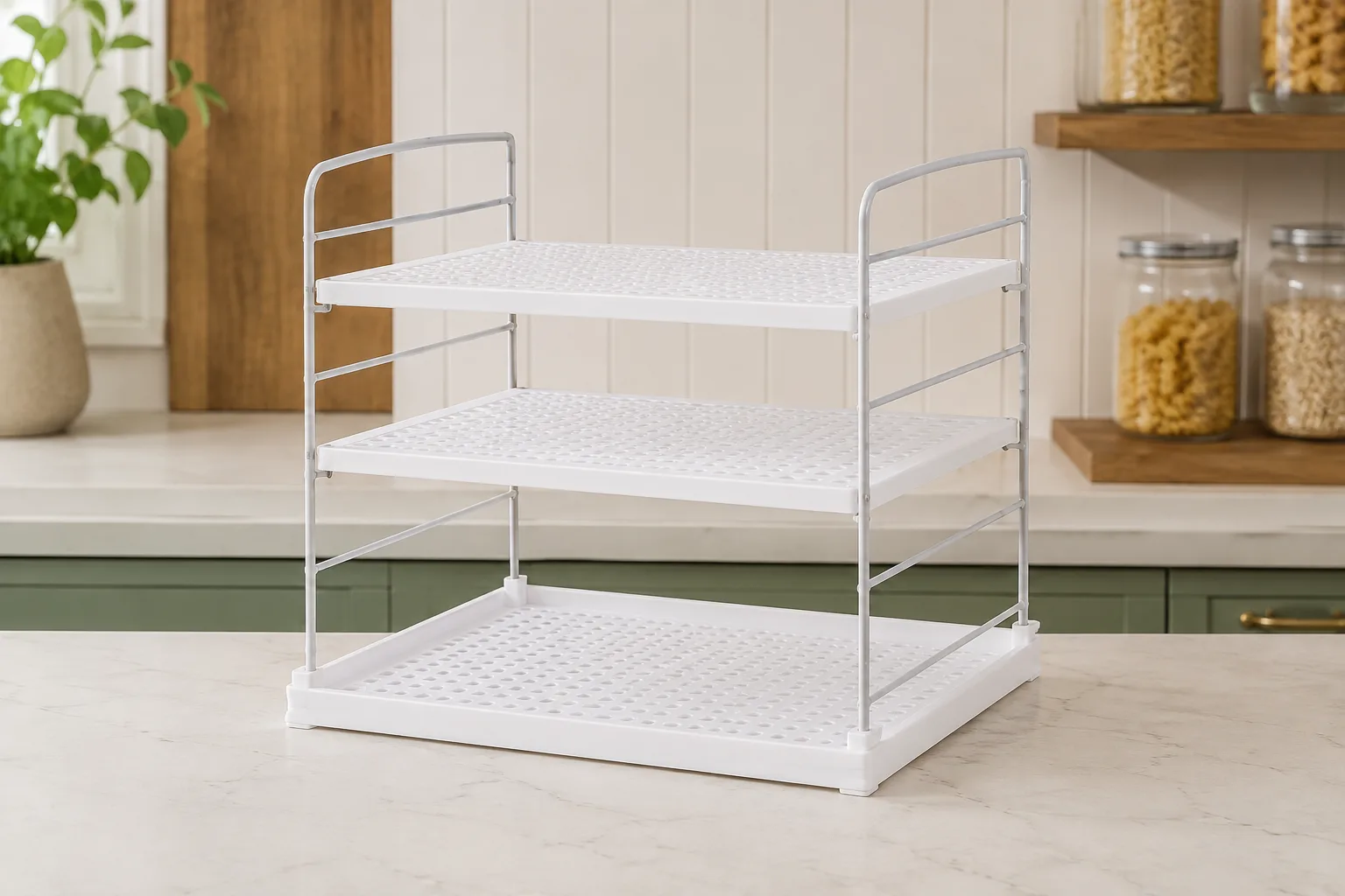 Empty white organizer with two adjustable shelves